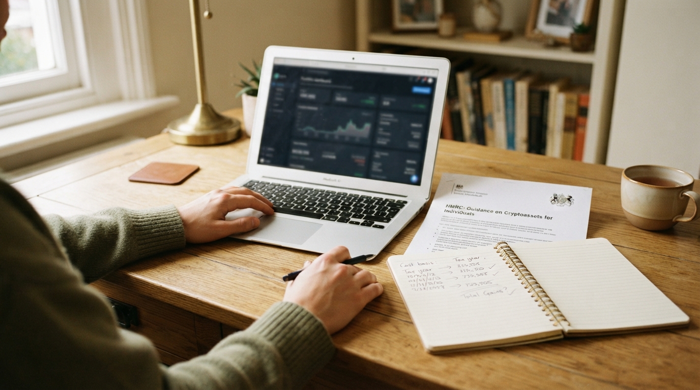 A laptop showing a blurred crypto trading portfolio beside a printed HMRC page and a notebook of calculations on a warm desk, suggesting late crypto tax disclosure.