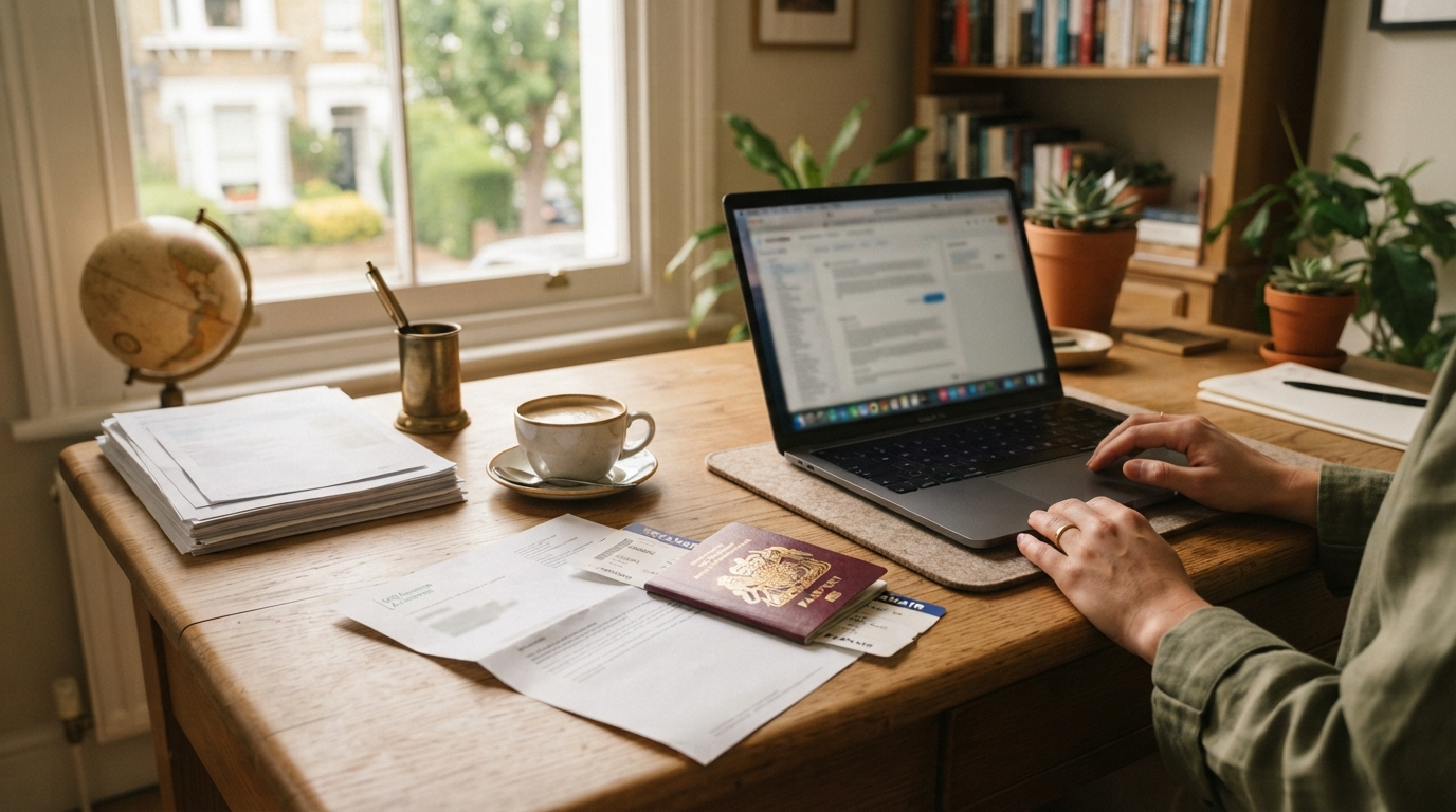 A UK passport and boarding pass beside a laptop and an HMRC letter on a warm desk, suggesting sorting UK tax as a non-resident abroad.