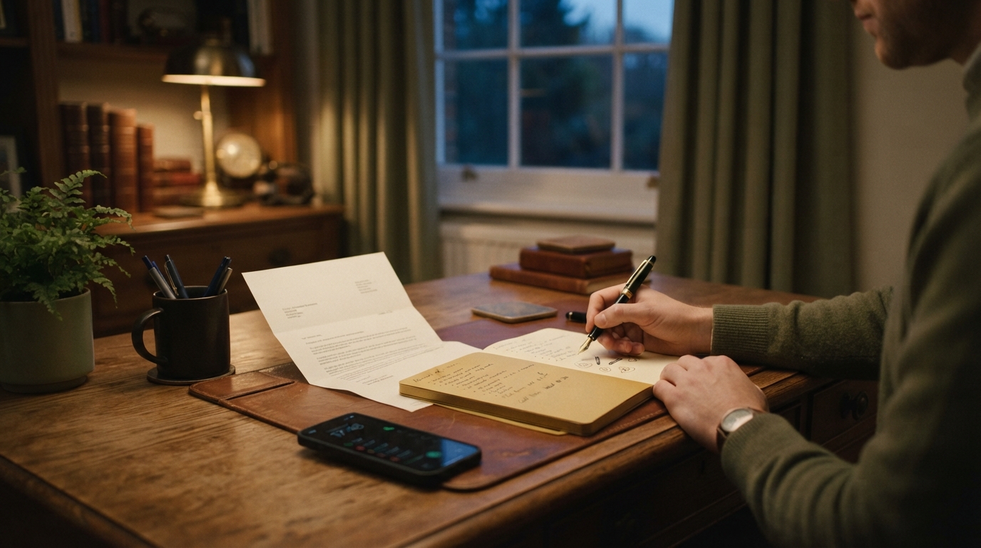 A formal HMRC debt-recovery letter on a desk beside a phone and a handwritten notepad, lit by a warm lamp in a British study at dusk.