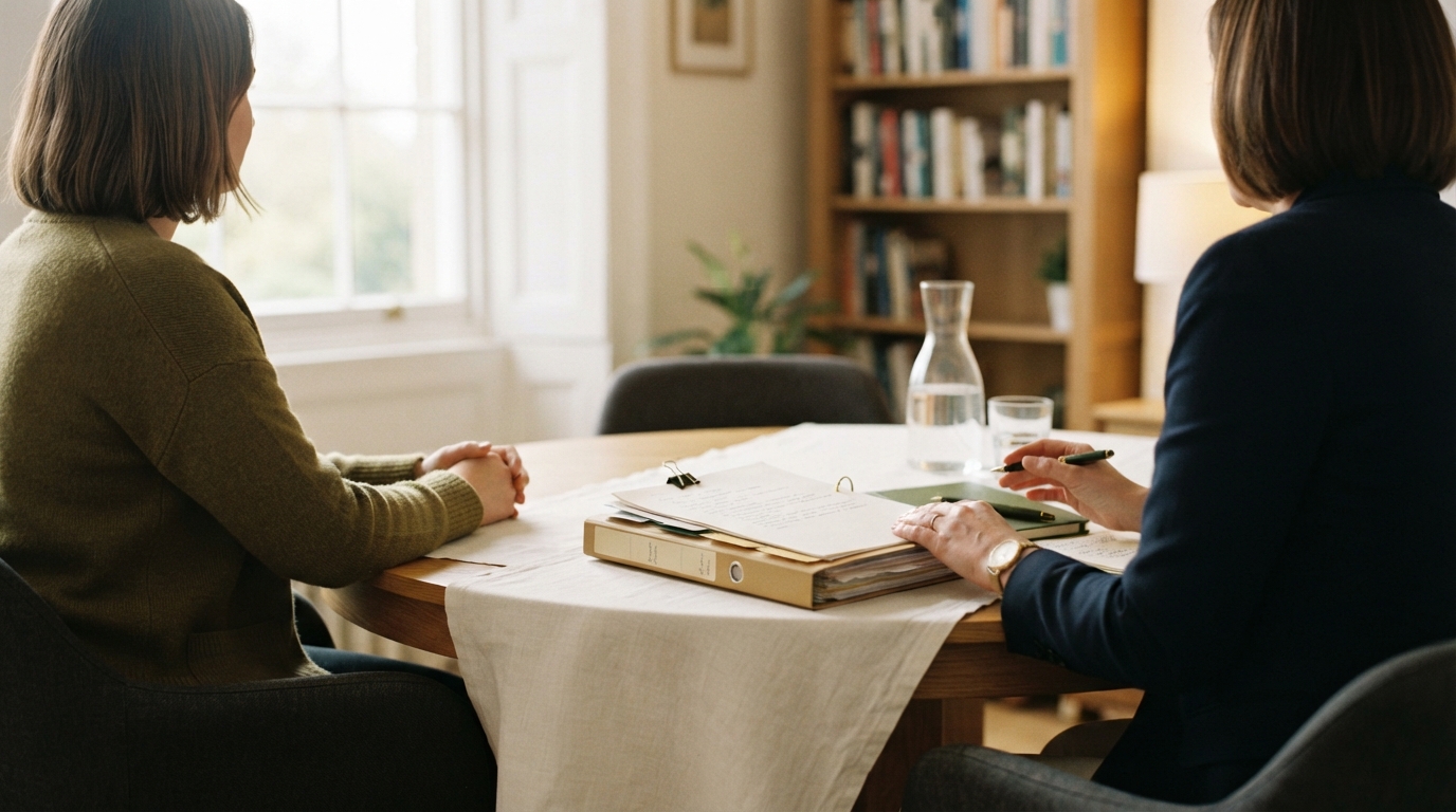 A calm consultation across a table, with an organised case file and correspondence between two people and a bookshelf softly behind, suggesting professional HMRC-investigation support.