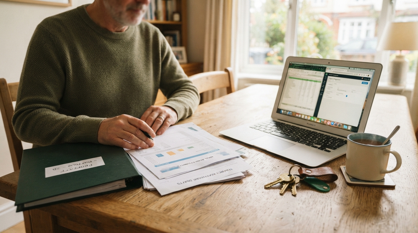 Rental income statements, a property folder, a set of house keys and a laptop laid out on a warm wooden table.