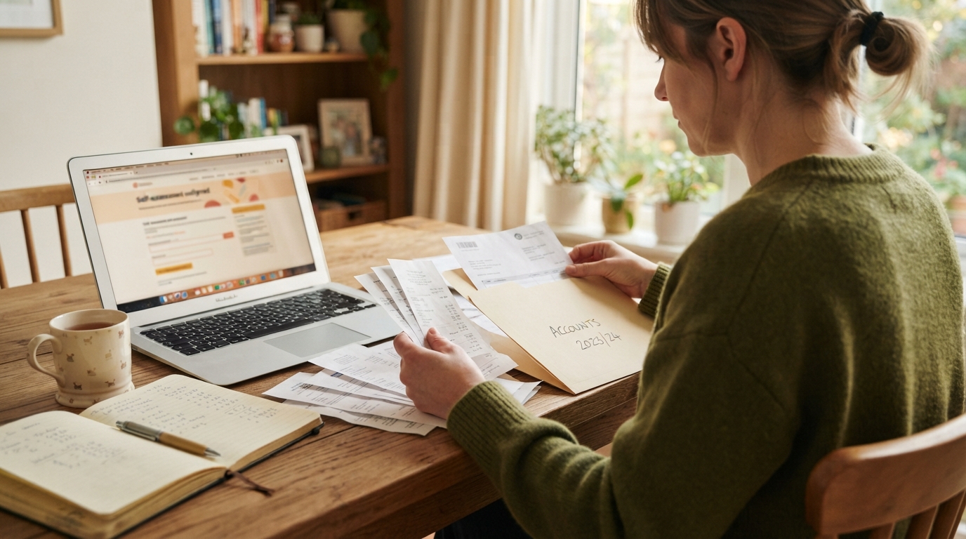 Over-the-shoulder view of hands sorting invoices and receipts beside a laptop showing a self-assessment page, in a small warm home office.