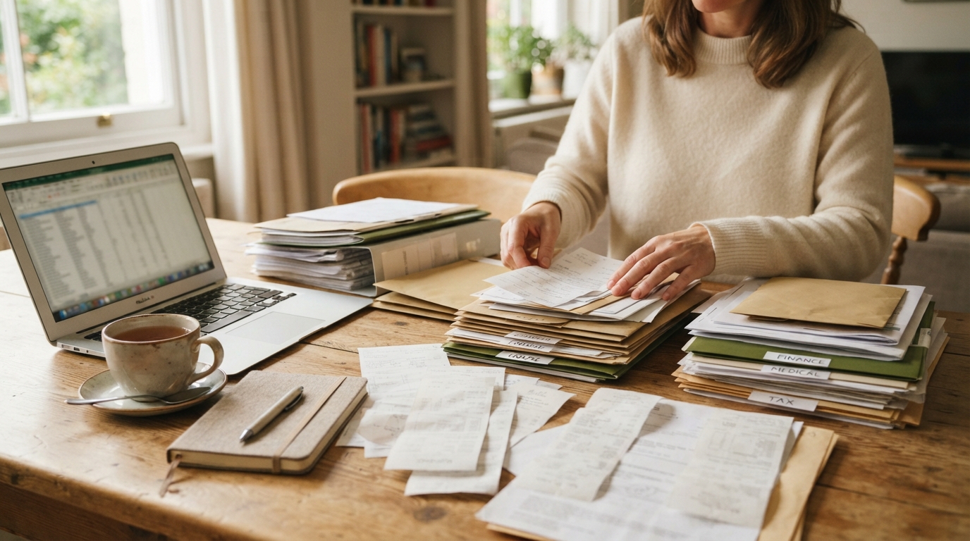 Years of receipts and paperwork being sorted into labelled folders for finance, medical and tax on a warm table, beside a laptop and a cup of tea.
