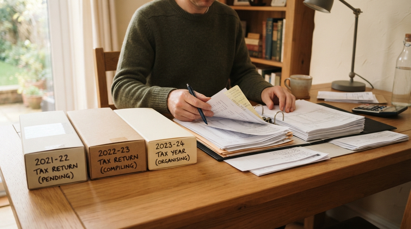 Three archive boxes labelled by tax year from 2021-22 to 2023-24, beside a binder of returns being worked through.