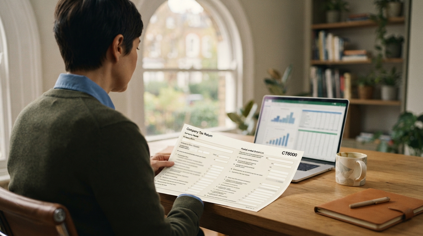 A person reviewing a CT600 company tax return at a desk, with a laptop spreadsheet and coffee.