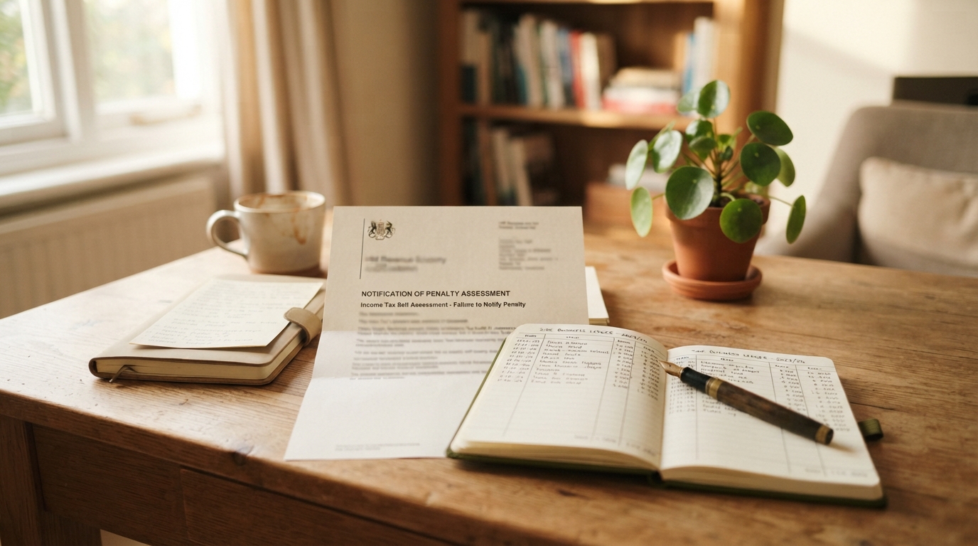 An HMRC failure-to-notify penalty assessment letter beside a handwritten business income ledger.