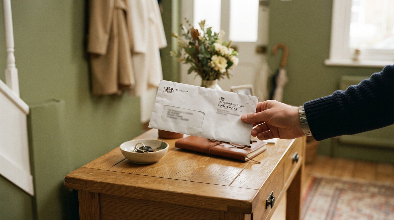 An HMRC late-filing penalty notice lying on a table beside an envelope, in soft daylight.