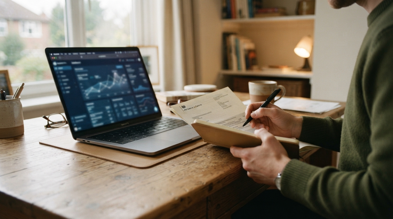 A laptop showing a data-analytics dashboard beside a person holding an HMRC letter, suggesting how HMRC data-matches undeclared income.