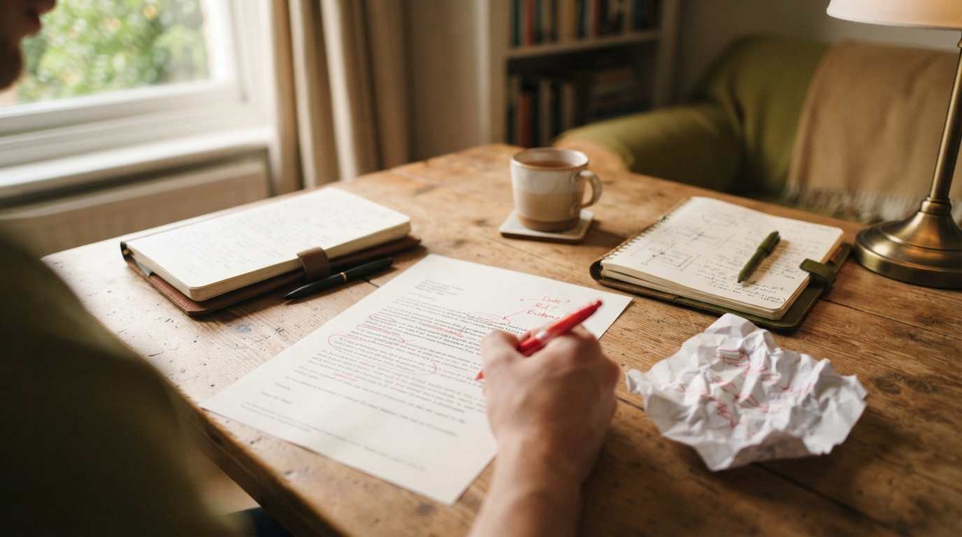 A hand marking corrections on a printed appeal letter with a red pen, a crumpled first draft beside it.