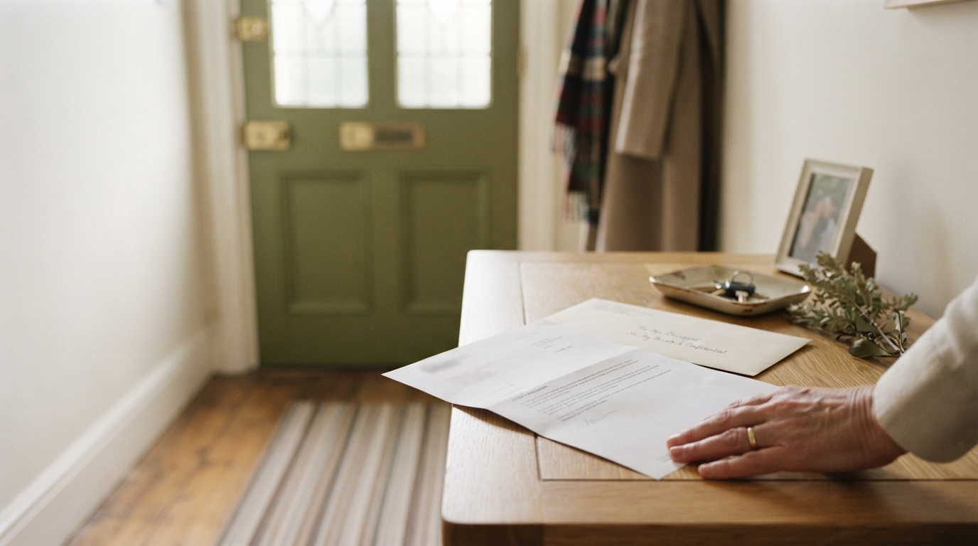 A formal HMRC enforcement letter on a table near a front door in muted light.