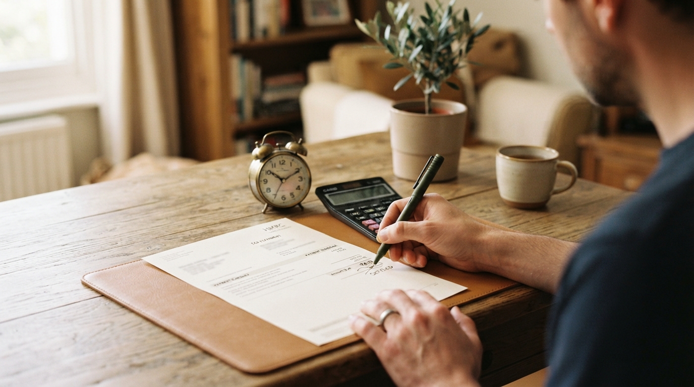 A hand reviewing an HMRC tax statement with a calculator and a vintage alarm clock on the desk, suggesting interest building over time.