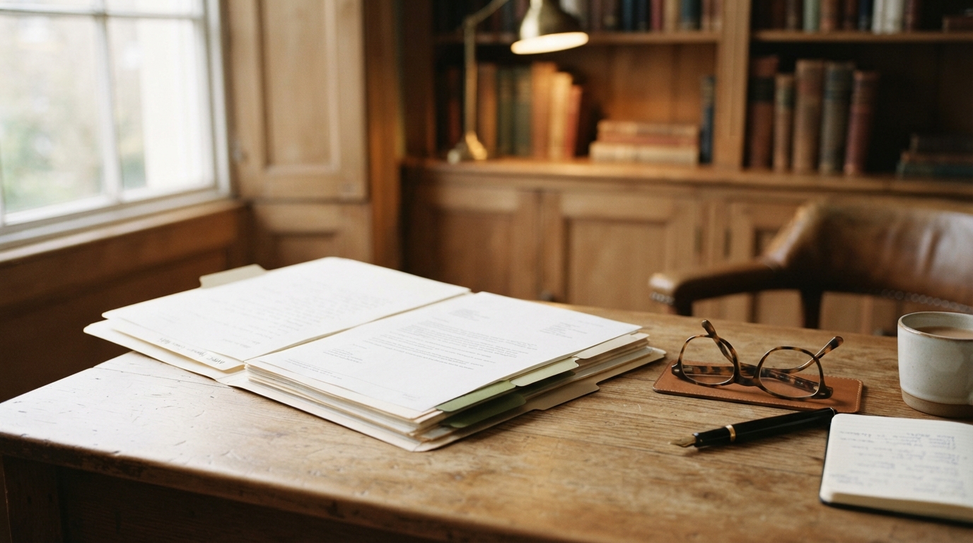 A tabbed folder of appeal case notes and correspondence with reading glasses on a warm desk.