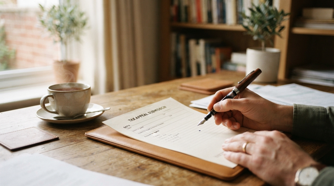 Hands filling in an SA370 tax appeal submission form with a fountain pen beside a cup of tea.