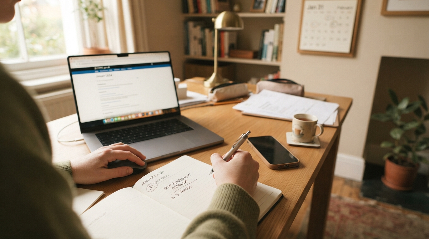 A laptop showing the HMRC website beside a wall calendar with the Self Assessment deadline circled and a notebook listing next steps.