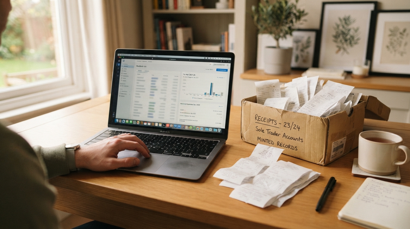 A cardboard box of sole-trader receipts beside a laptop showing accounting software, part-way through digitising the records.