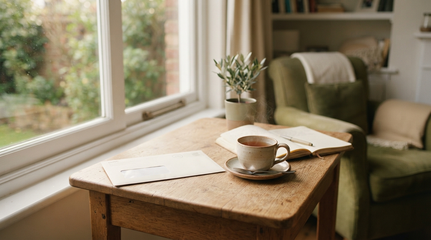 A single unopened HMRC envelope on a table by a bright window with a cup of tea.