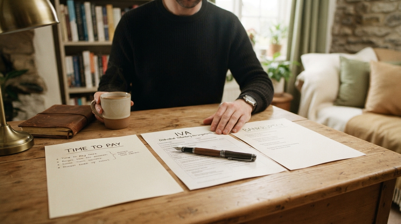 Three sheets laid out on a desk headed Time to Pay, IVA and Bankruptcy, with a pen weighing the options.