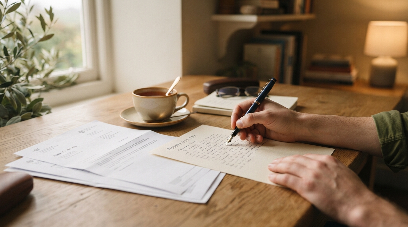 A hand writing a reasonable-excuse appeal letter beside an HMRC penalty notice and a cup of tea.